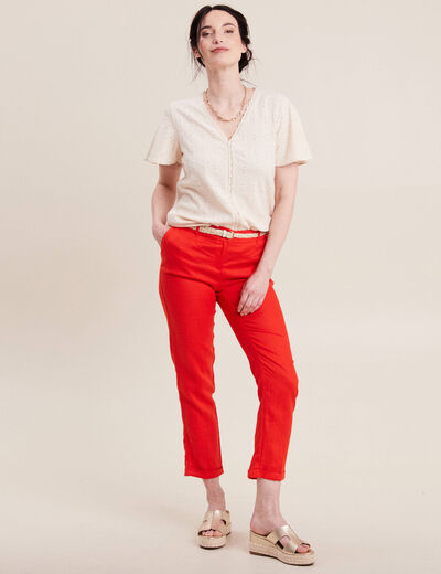 Pantalon coupe chino en lin ceintur&eacute; orange femme