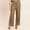 Pantalon large taille haute aspect lin vert kaki femme