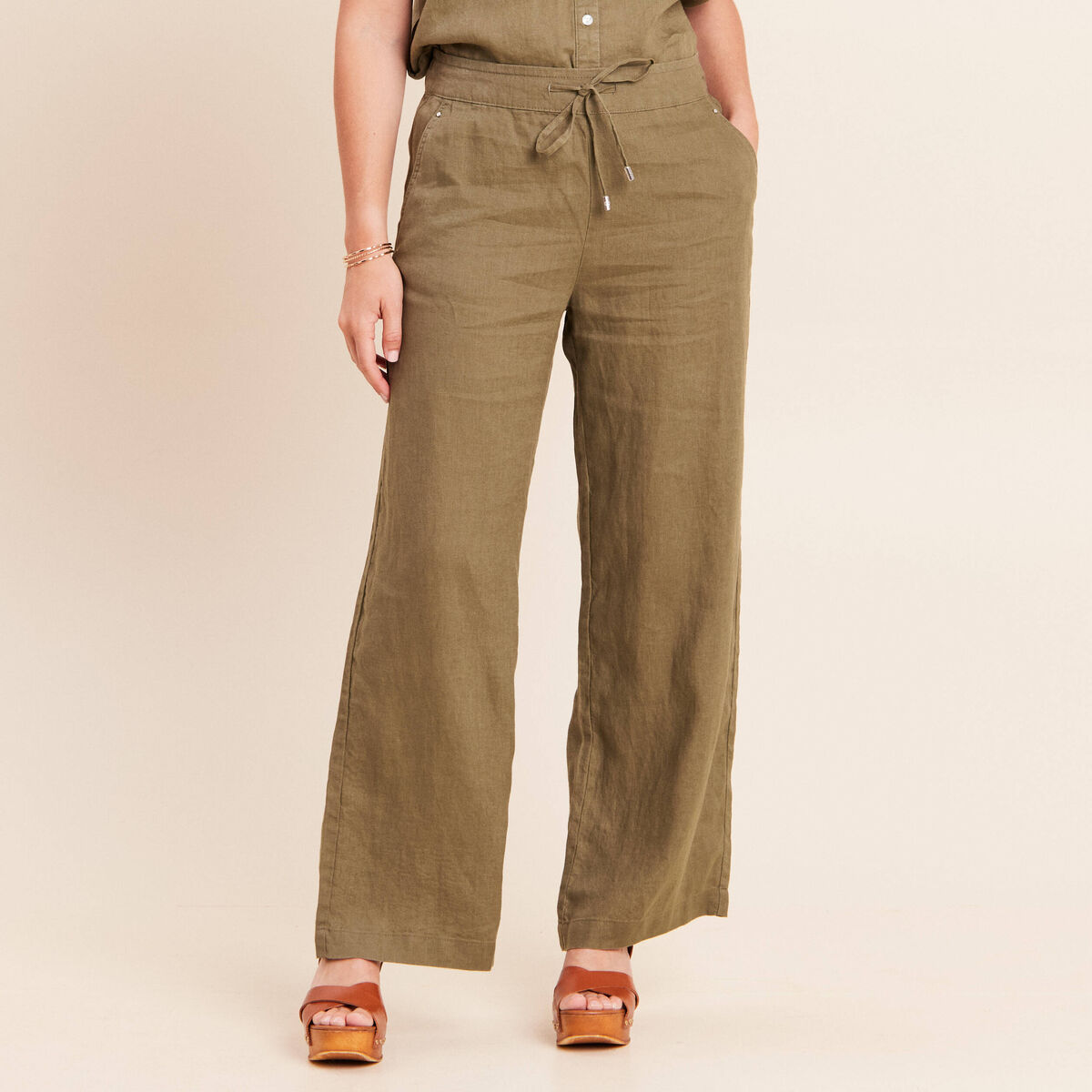 Pantalon large taille haute aspect lin vert kaki femme