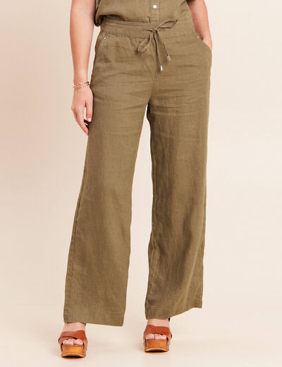 Pantalon large taille haute aspect lin vert kaki femme