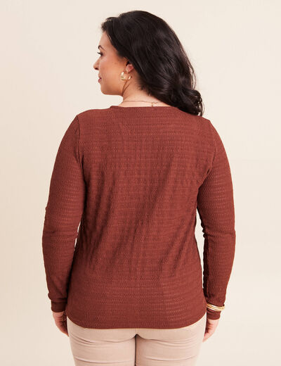 T-shirt manches longues aspect dentelle marron femme