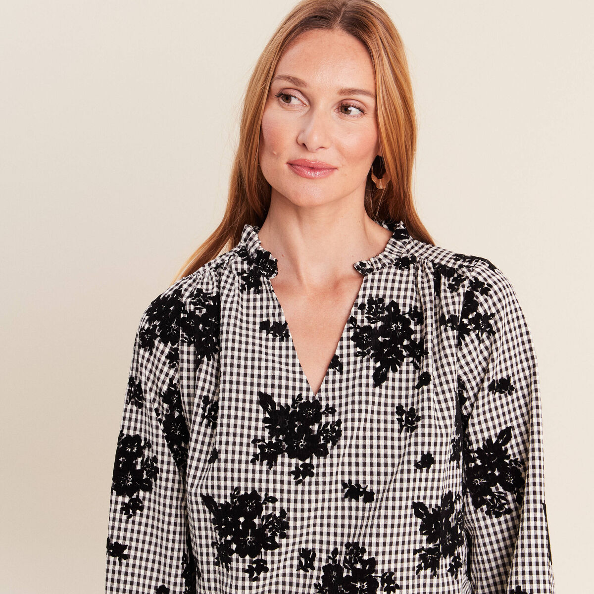 Blouse col v manches longues bleu femme