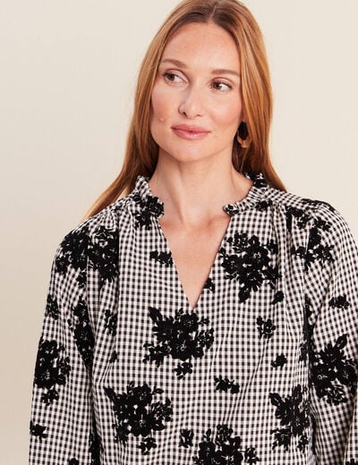 Blouse col v manches longues bleu femme
