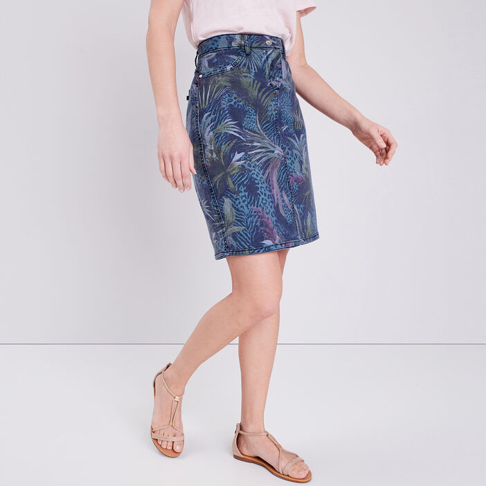 Jupe droite en jean réversible bleu femme