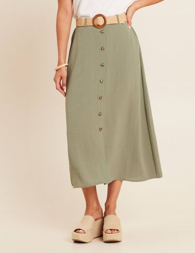 Jupe longue évasée ceinture amovible vert kaki femme