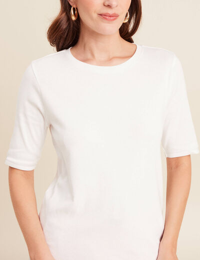 T-shirt ajust&eacute; col rond manches coudes ecru femme
