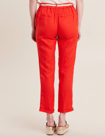 Pantalon coupe chino en lin ceintur&eacute; orange femme