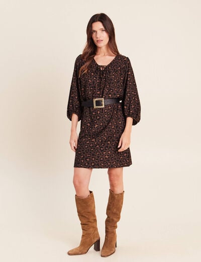 Robe courte &eacute;vas&eacute;e col v manches 3/4 marron femme