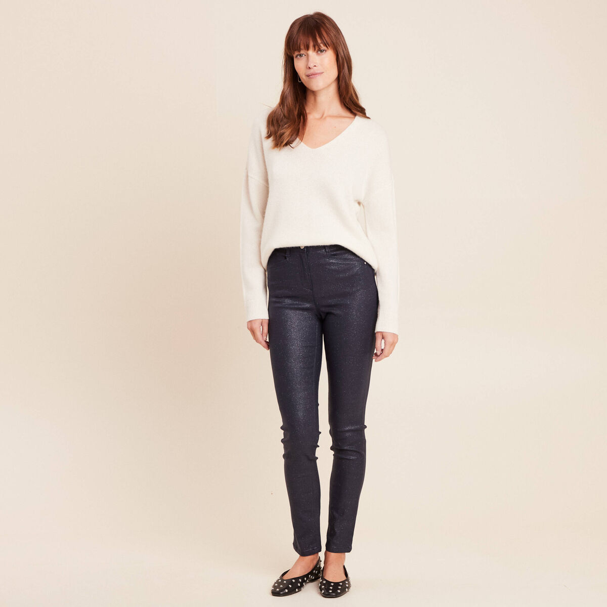 Pantalon iris&eacute; en similicuir bleu fonc&eacute; femme