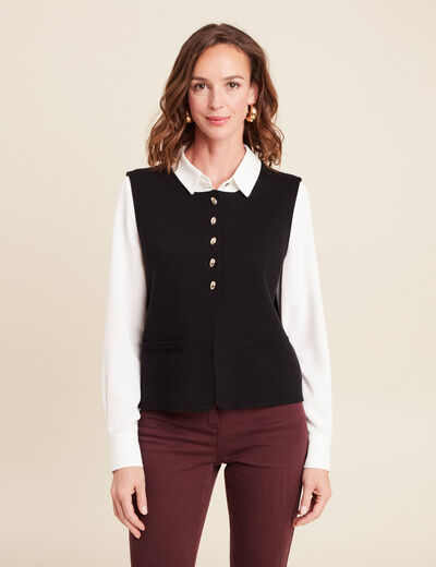 gilet droit court sans manches col rond noir femme