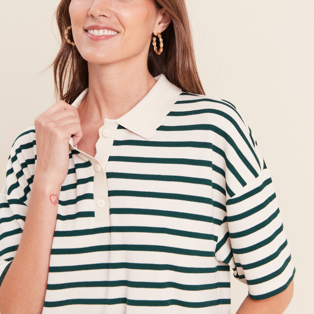 Polo ample col chemise vert femme