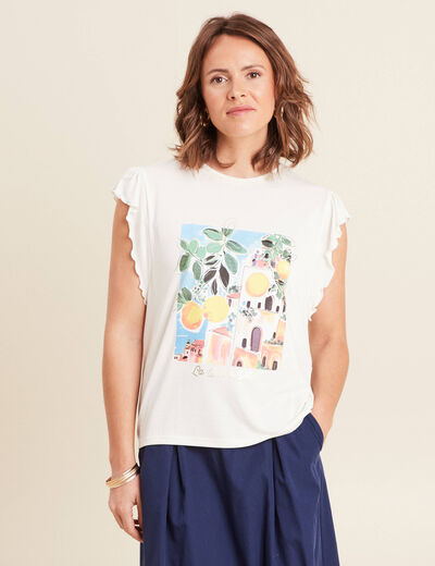 Top col rond manches courtes ecru femme