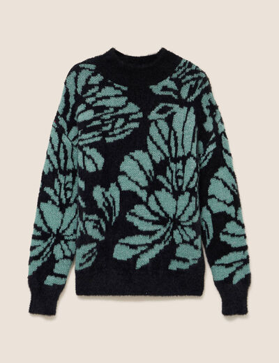 Pull duveteux col montant noir femme