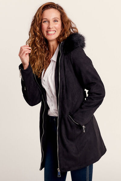 Manteau cintré suédine capuche noir femme