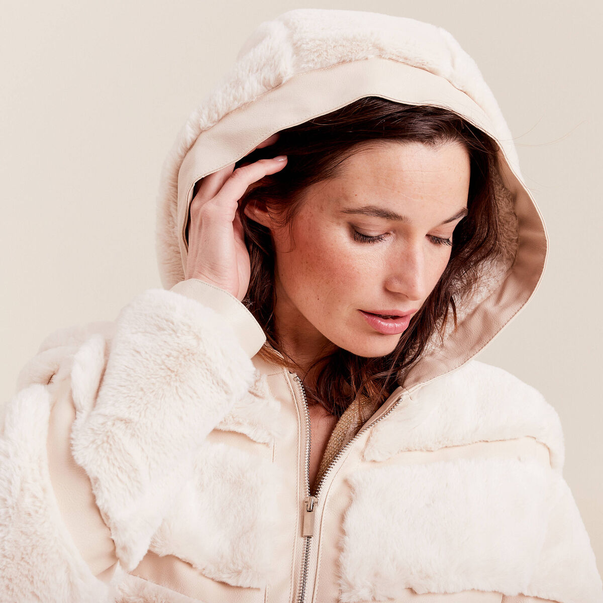 Manteau fausse fourrure ivoire femme