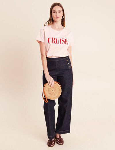 T-shirt col rond manches courtes rose poudr&eacute;e femme