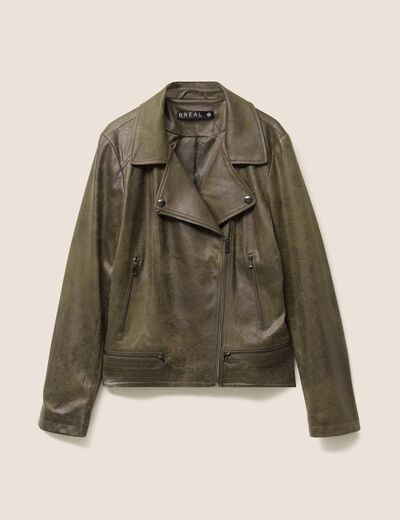 Veste esprit motard zippée vert kaki femme
