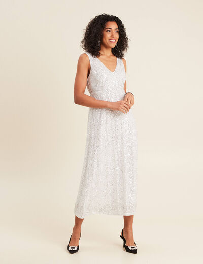 Robe longue ajustée sequins couleur argent femme