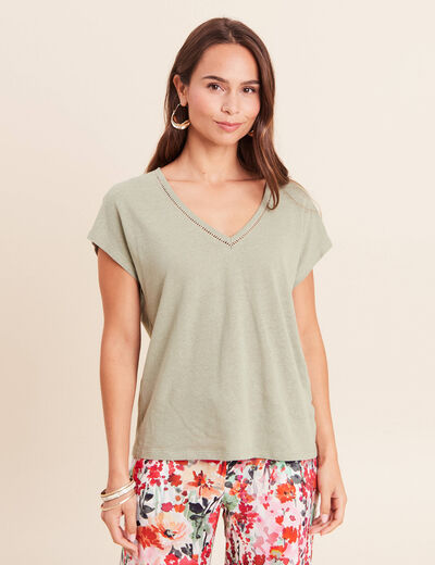 T-shirt col v manches courtes aspect lin vert clair femme