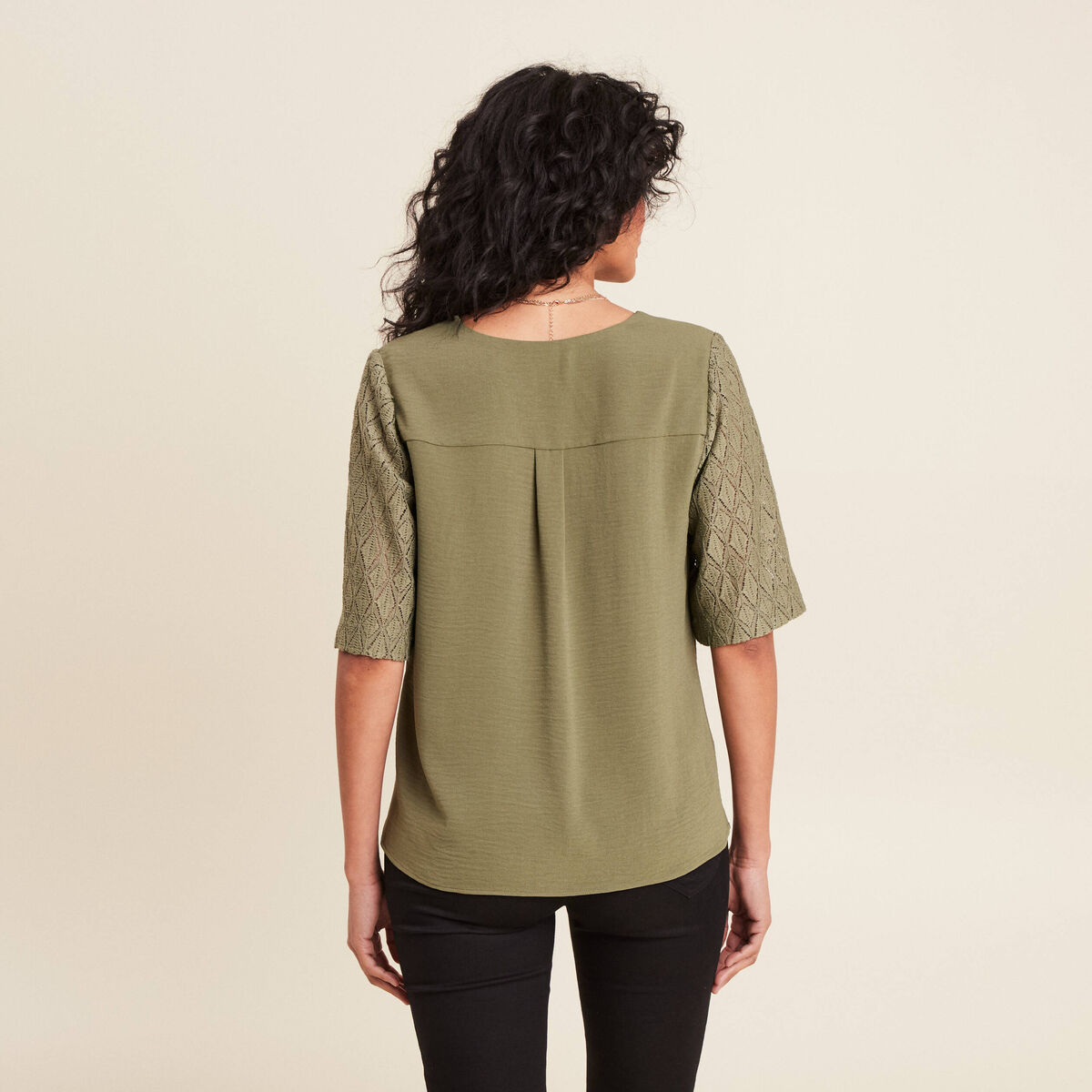Blouse manches 3/4 vert kaki femme
