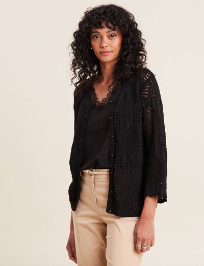 Gilet manches 3/4 ajouré noir femme