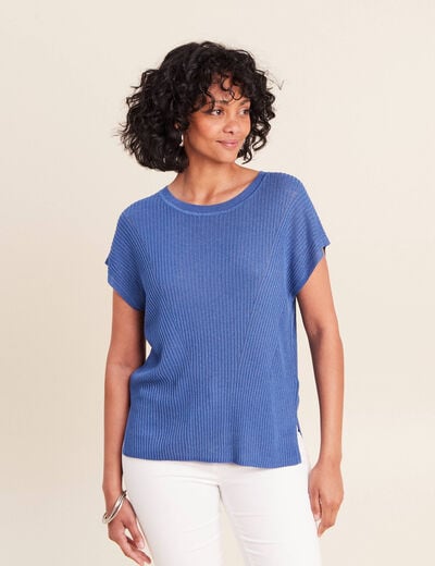 Pull col rond manches courtes bleu roi femme
