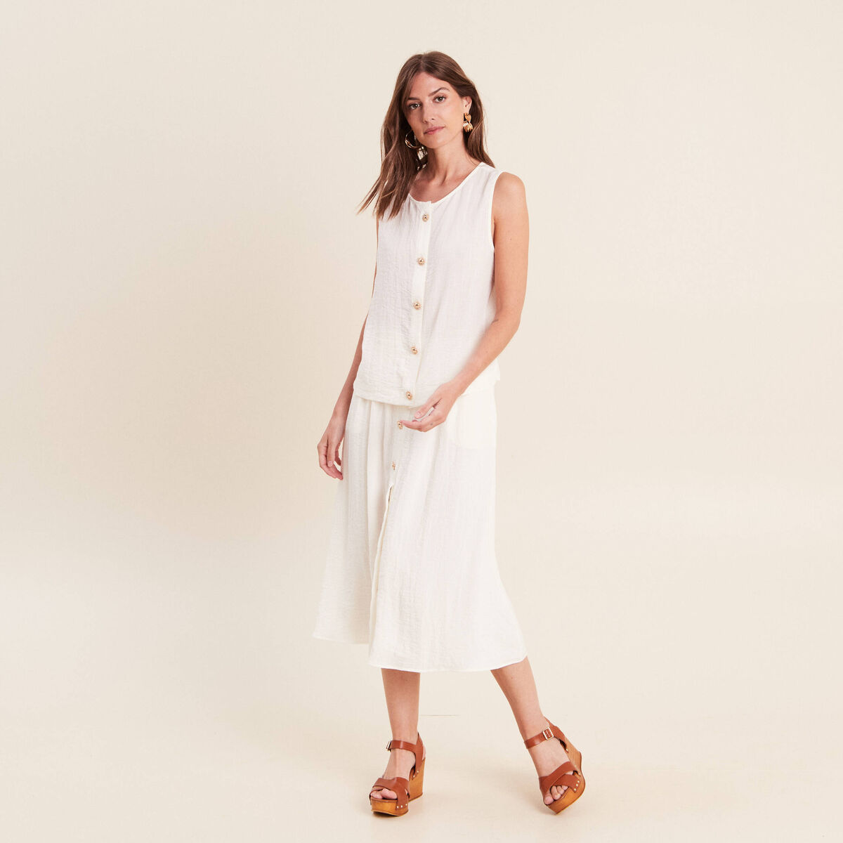Jupe pliss&eacute;e taille haute doubl&eacute;e ecru femme