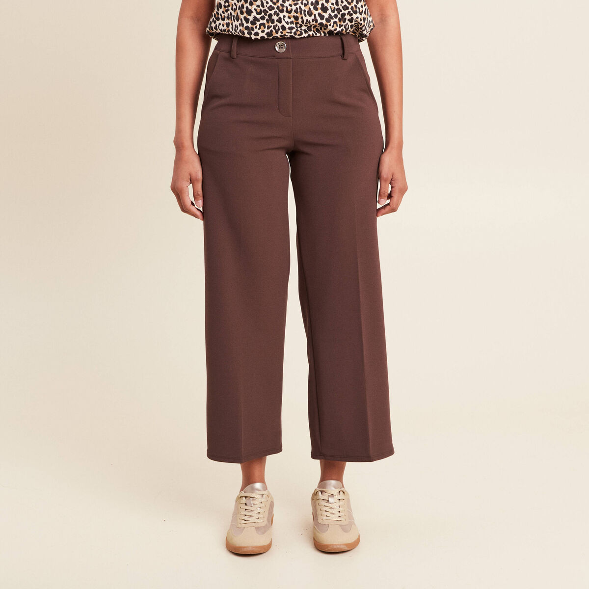 Pantalon large pinces marron femme