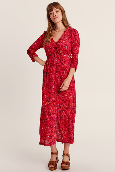 Robe longue évasée plissée rose femme