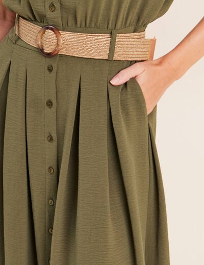 Robe patineuse 3/4 col chemise vert kaki femme