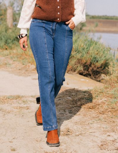 Jean droit taille basculée denim stone femme