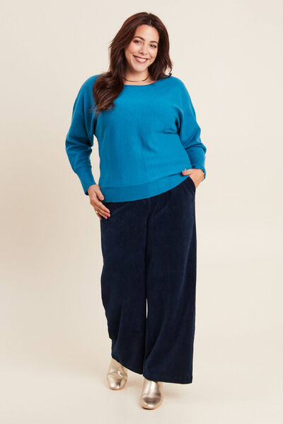 Pantalon large velours bleu marine femme