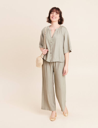 Pantalon fluide taille haute vert clair femme