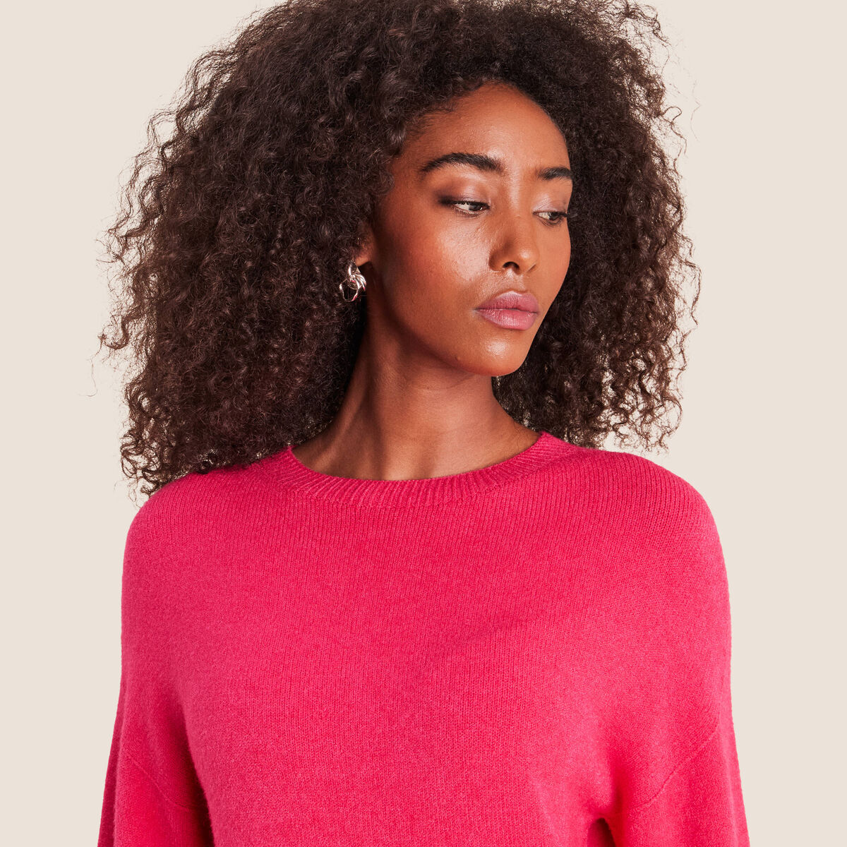 Pull droit col rond manches 3/4 rose femme