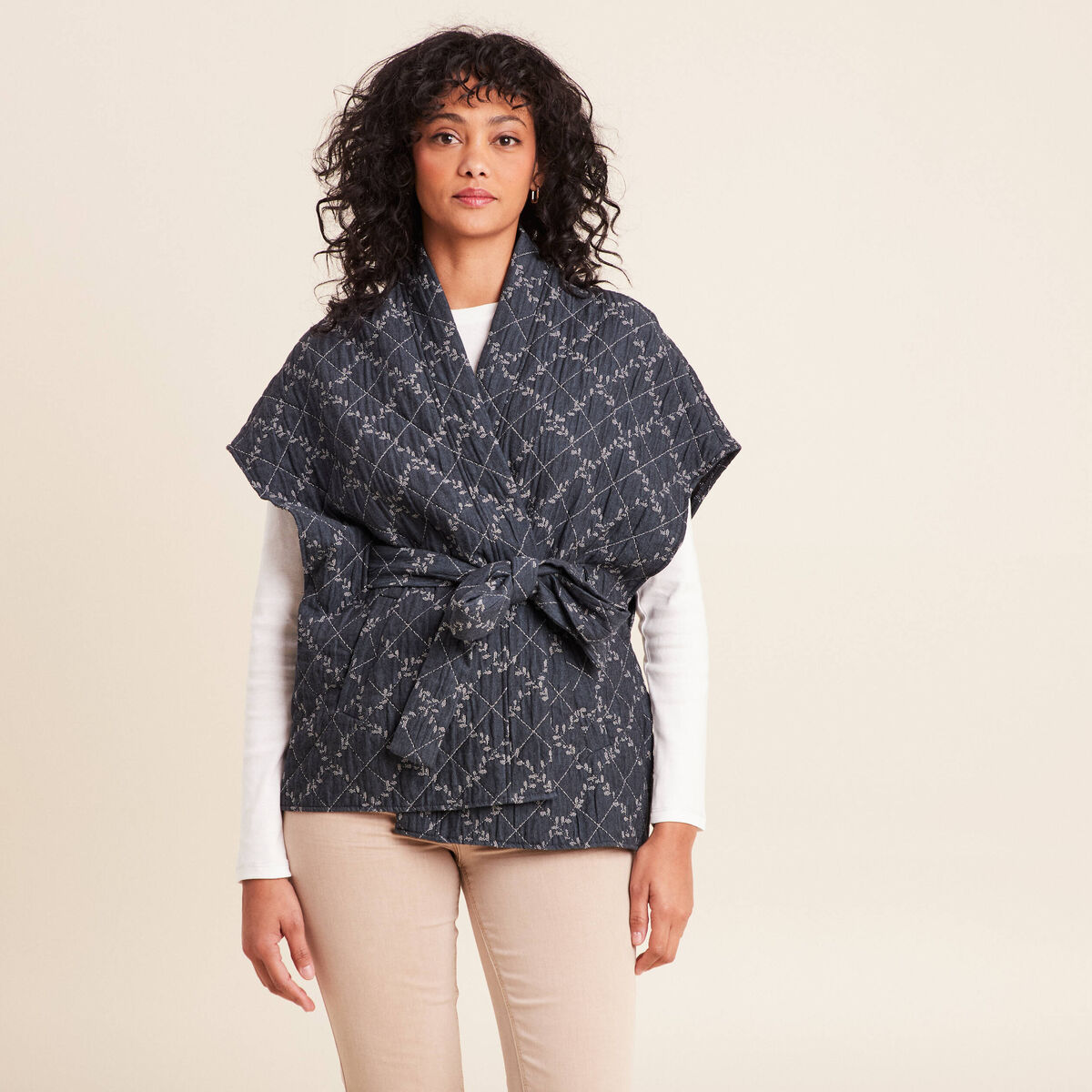 Kimono ceintur&eacute; denim stone femme