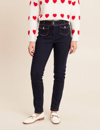 Jean ajust&eacute; taille haute longue denim brut femme