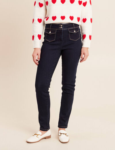 Jean ajust&eacute; taille haute longue denim brut femme