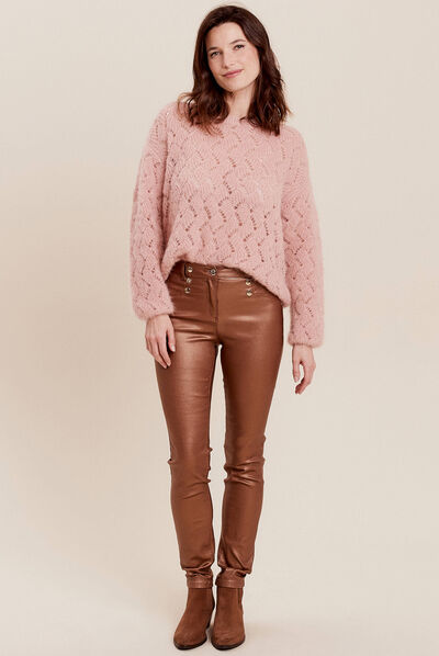 Pantalon ajusté enduit à pont camel femme
