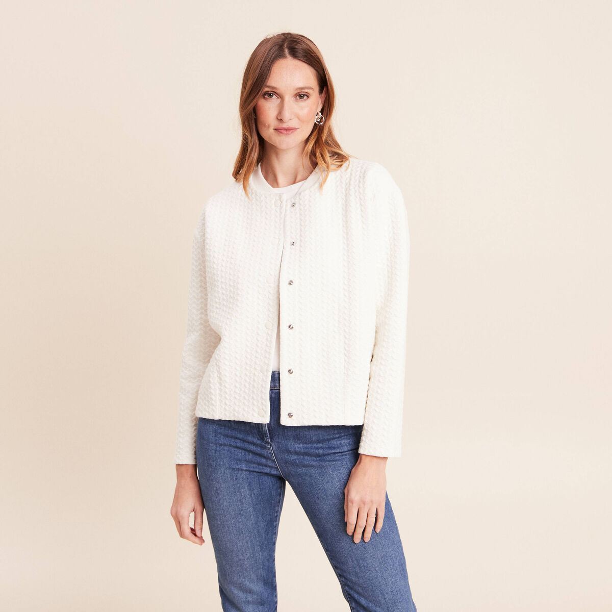Gilet teddy bas resserr&eacute; manches longues ecru femme