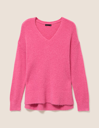 Pull col v manches longues rose fushia femme