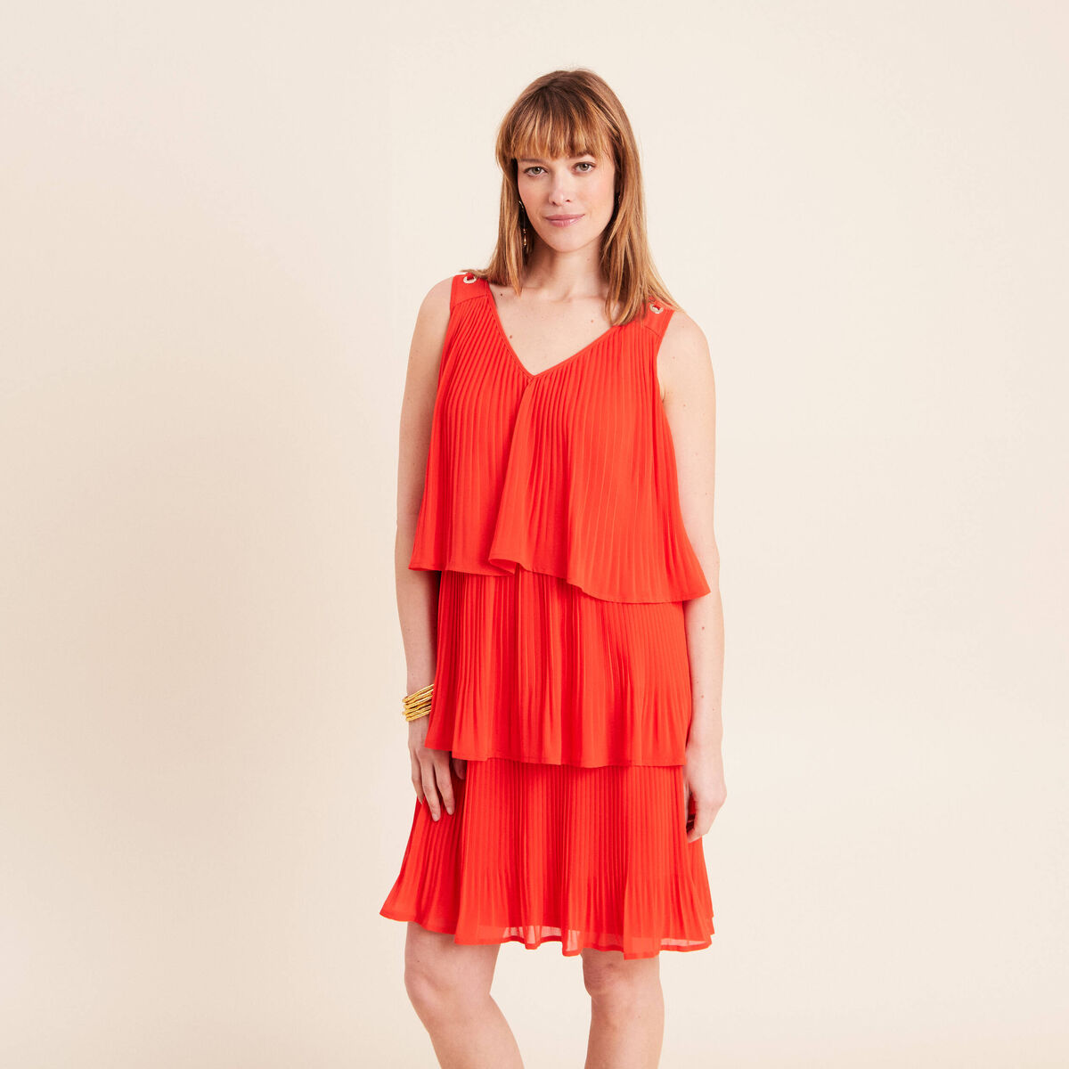 Robe pliss&eacute;e sans manches col v orange fonc&eacute; femme