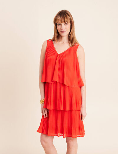Robe pliss&eacute;e sans manches col v orange fonc&eacute; femme