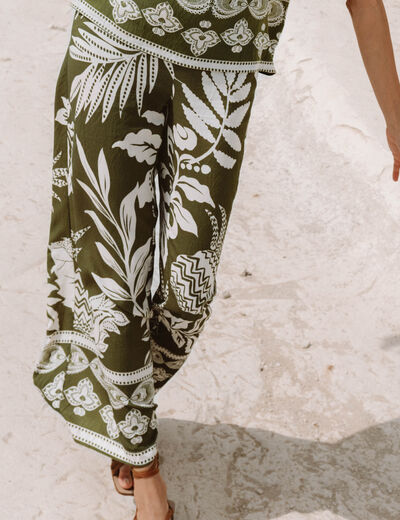 Pantalon large 7/8&egrave;me taille haute vert kaki femme