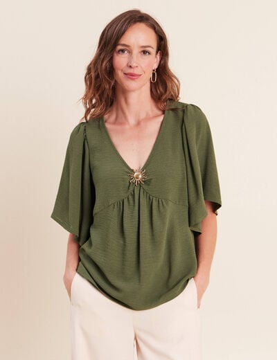 Blouse ample col v manches courtes vert kaki femme