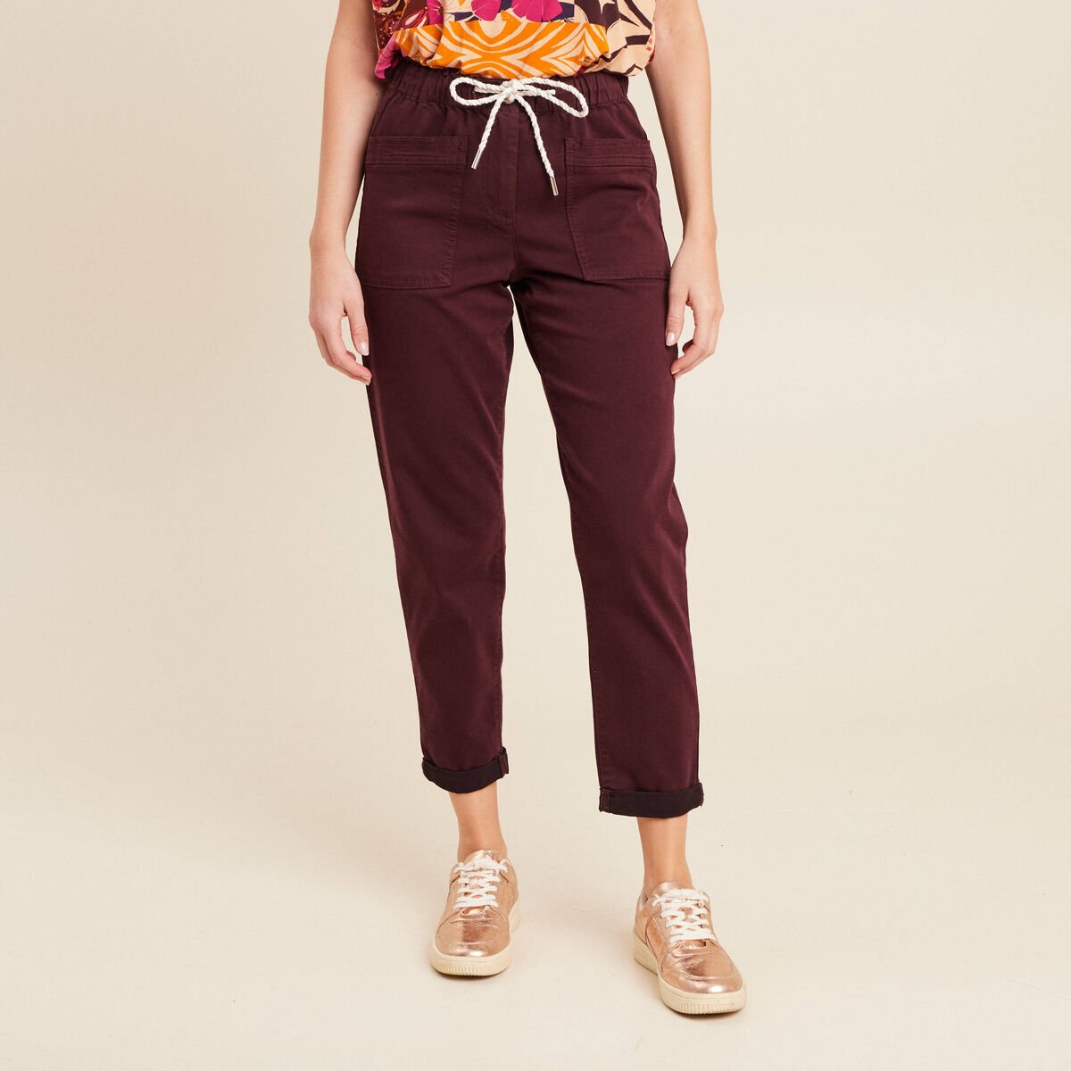 Pantalon coupe droite à coulisse bordeaux femme