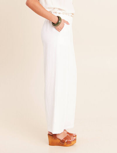 Pantalon large taille haute aspect lin blanc femme