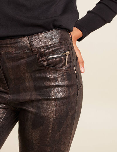 Pantalon taille bascul&eacute;e enduit marron fonc&eacute; femme