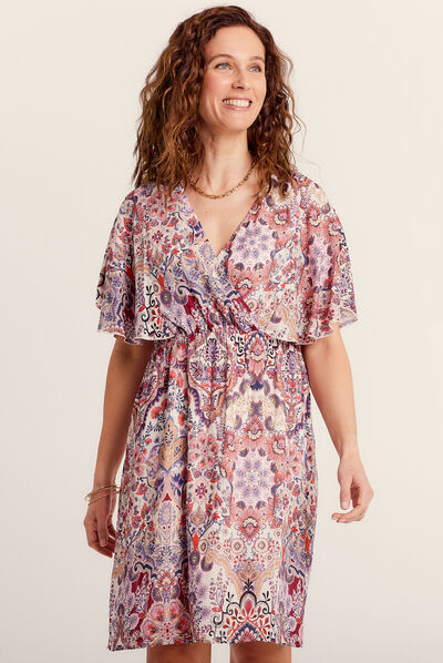 Robe évasée col cache-coeur multicolore femme
