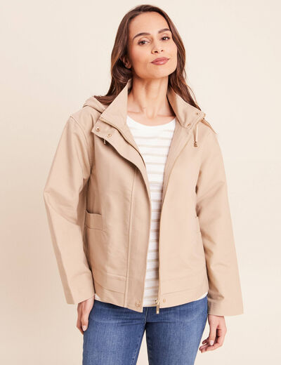 Parka droite courte &agrave; capuche en coton sable femme
