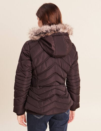 Doudoune cintr&eacute;e capuche manches longues marron fonc&eacute; femme